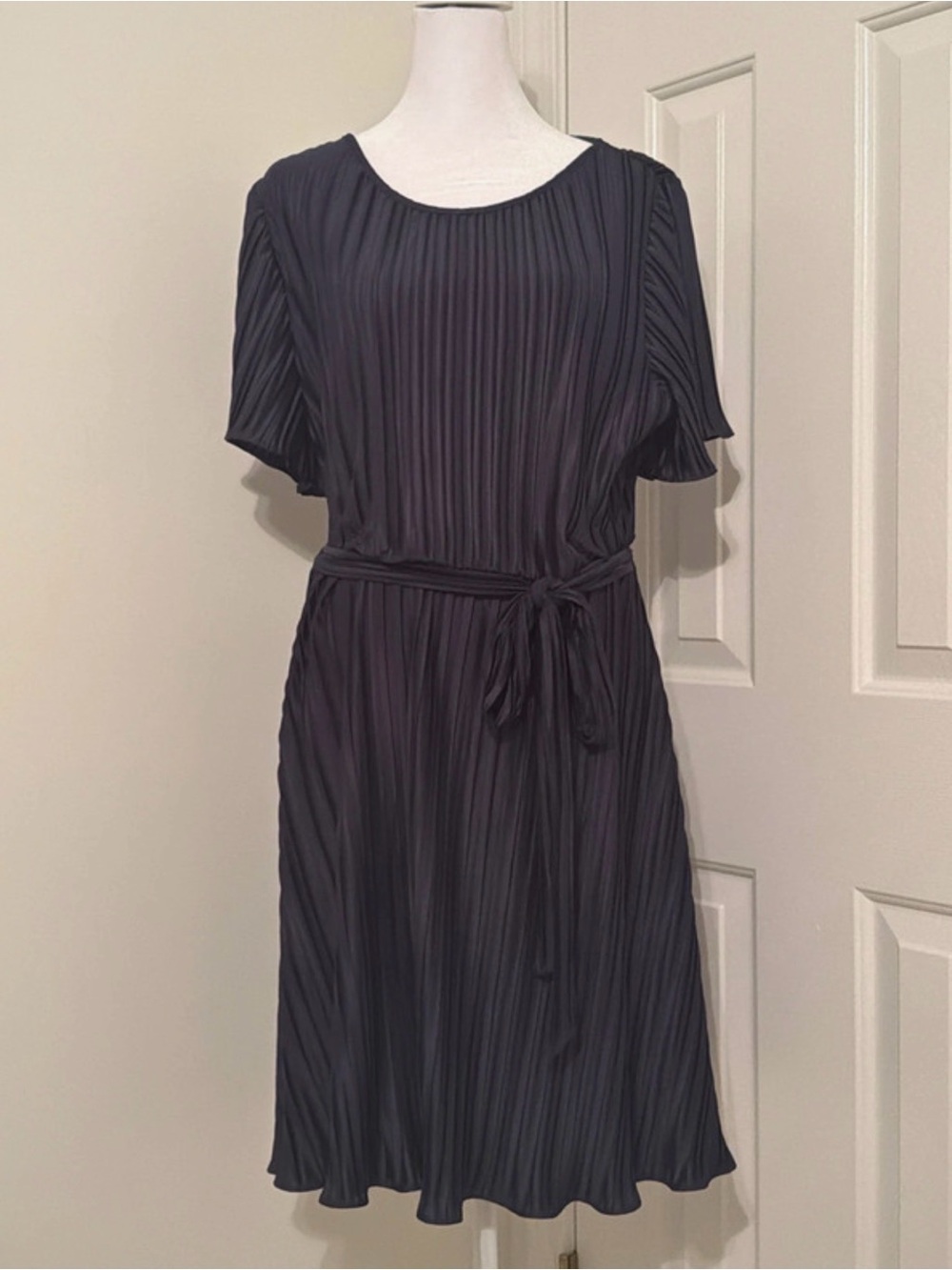 DKNY Navy Pleated Short-Sleeve Belted Dress